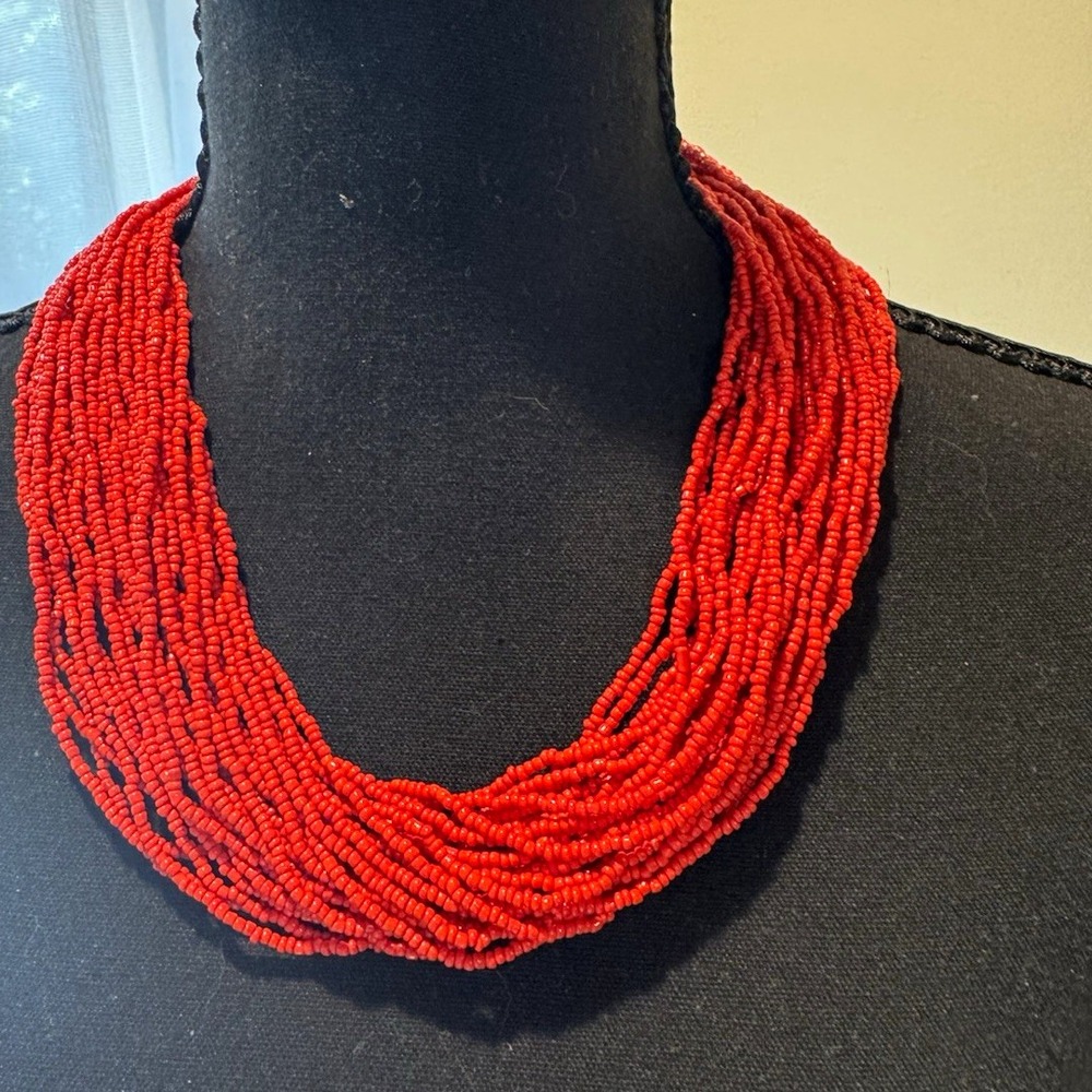 Vintage Red Multi-Strand Seed Bead Statement Necklace Chunky Hook Clasp Unique